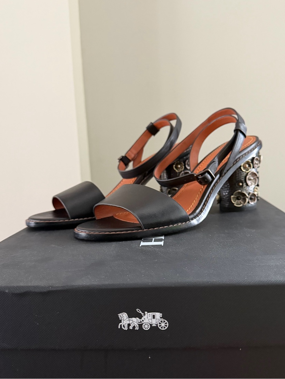 Coach Black Leather Slingback Sandals with Jeweled Floral Block Heel